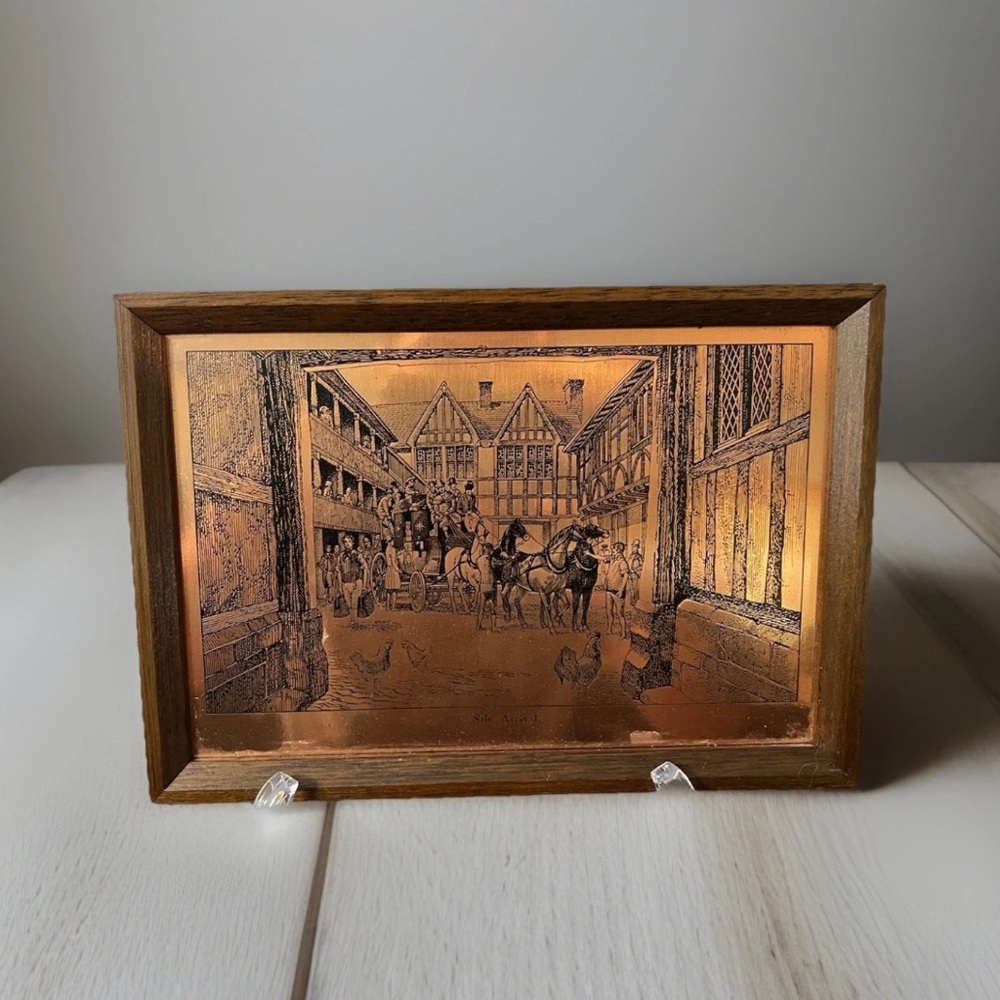 Vtg Framed Copper Etching Victorian Era Courtyard Scene Horse Carriage Retro